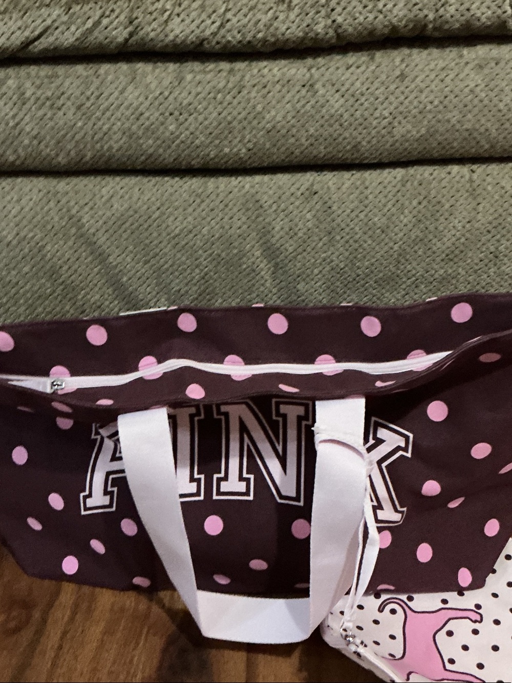 PINK Victoria's Secret Brown Tote with Pink Polka Dots and Matching Pouch nwt - Picture 5 of 8